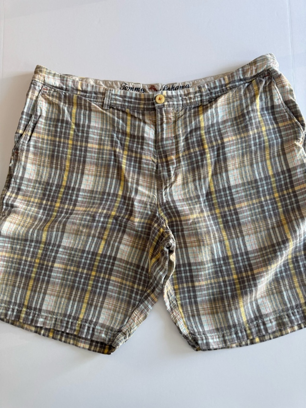 Tommy Bahama Men's Plaid Flat Front Shorts in Beige, Gray & Yellow